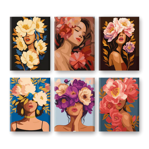 "Flower Ladies" – Paint by Numbers Set of 6 Mini Canvases - the 6 mini canvases