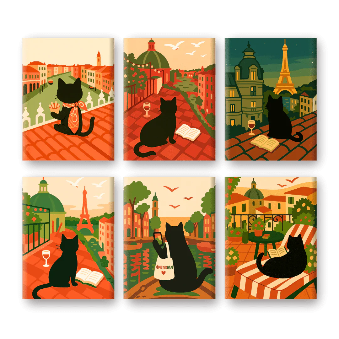 "Travelling Cat" – Paint by Numbers Set of 6 Mini Canvases