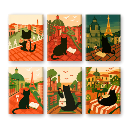 "Travelling Cat" – Paint by Numbers Set of 6 Mini Canvases