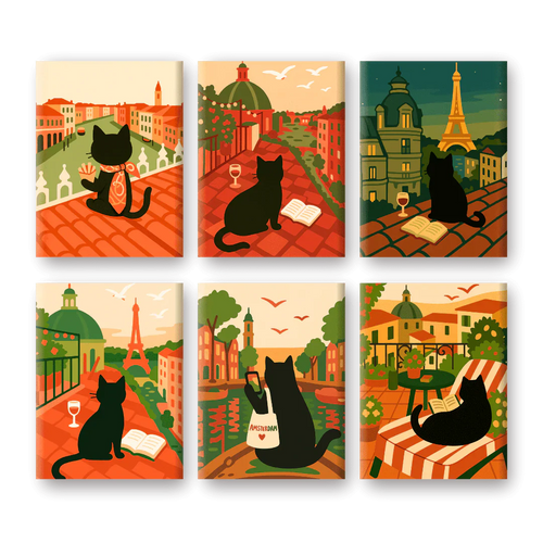 "Travelling Cat" – Paint by Numbers Set of 6 Mini Canvases