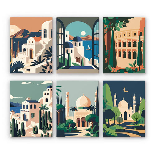 "Sunlit Landmarks" – Paint by Numbers Set of 6 Mini Canvases - the 6 mini canvases