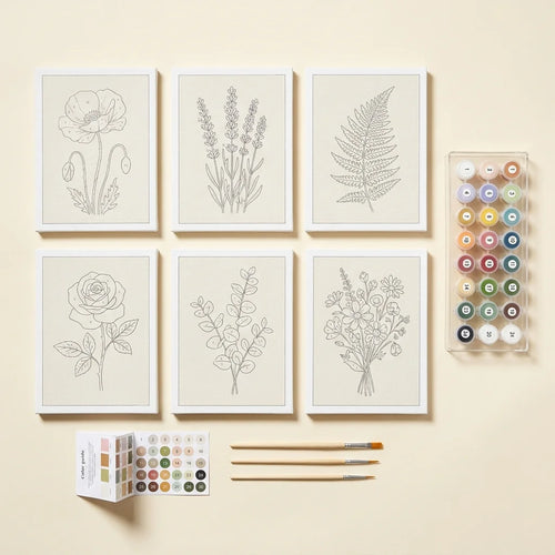Everything in each set - 6 canvases, 24 paints, 3 brushes, guide
