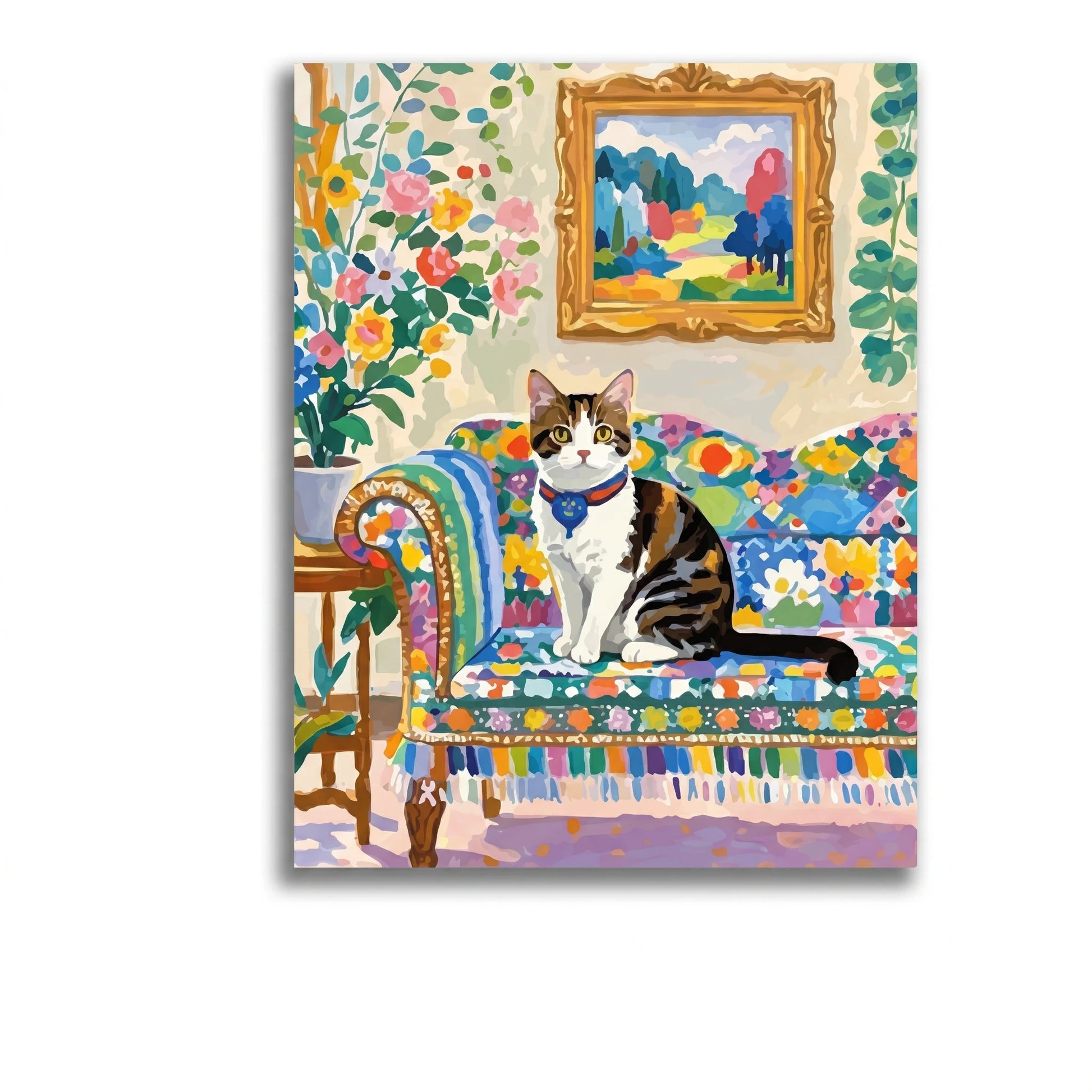 Chat au canapé fleuri