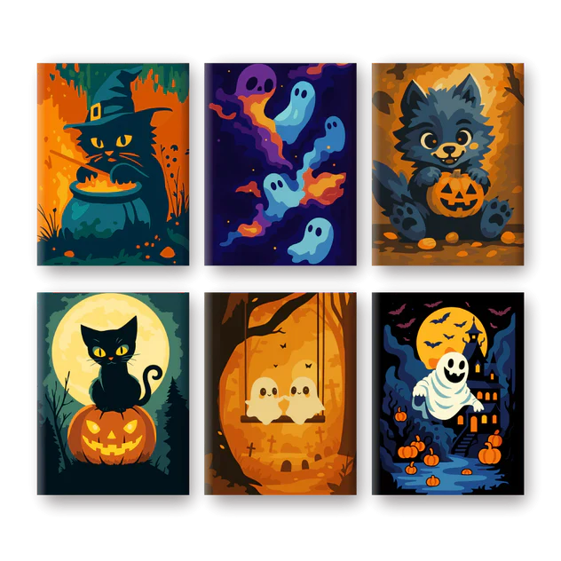 "Spooky Cats" – Paint by Numbers Set of 6 Mini Canvases - the 6 mini canvases