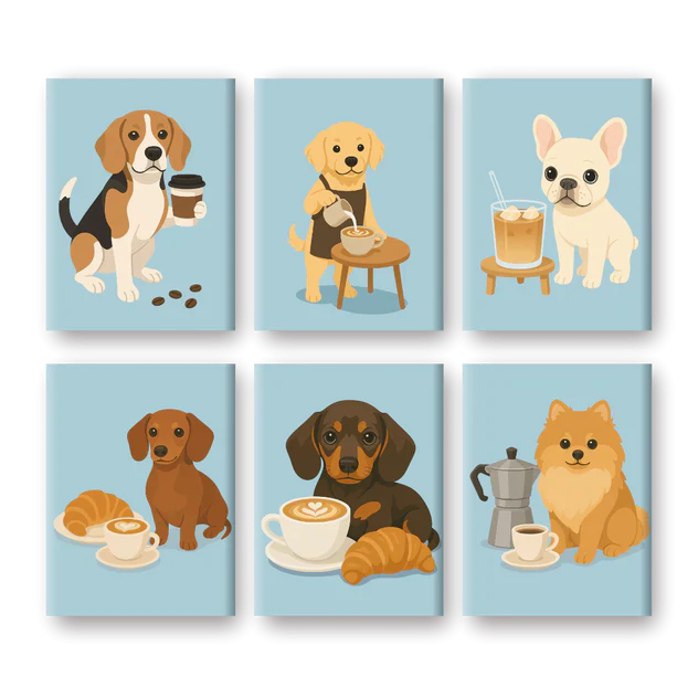 "Puppy Mornings" – Paint by Numbers Set of 6 Mini Canvases - the 6 mini canvases