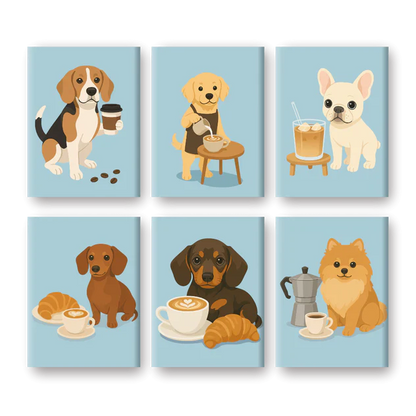 "Puppy Mornings" – Paint by Numbers Set of 6 Mini Canvases - the 6 mini canvases