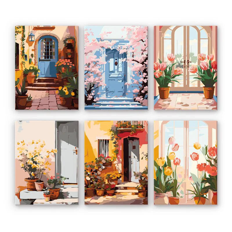 "Flower Doorways" – Paint by Numbers Set of 6 Mini Canvases - the 6 mini canvases