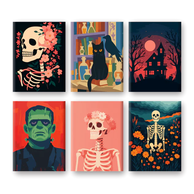 "Skeleton Party" – Paint by Numbers Set of 6 Mini Canvases - the 6 mini canvases