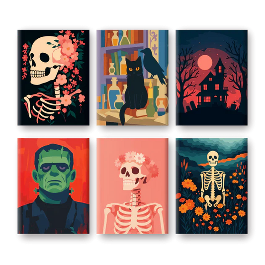 "Skeleton Party" – Paint by Numbers Set of 6 Mini Canvases - the 6 mini canvases