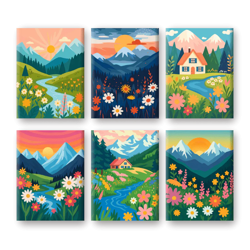 "Mountain Meadows" – Paint by Numbers Set of 6 Mini Canvases - the 6 mini canvases