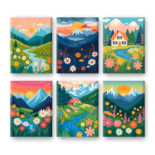 "Mountain Meadows" – Paint by Numbers Set of 6 Mini Canvases - the 6 mini canvases