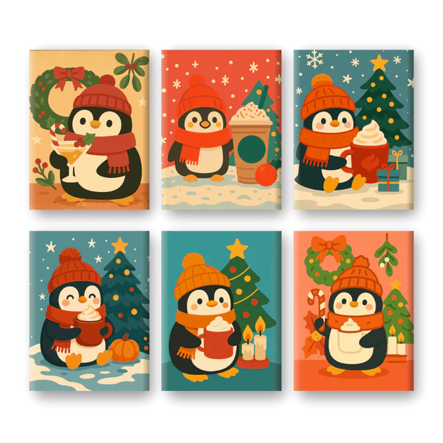 "Christmas Penguins" – Paint by Numbers Set of 6 Mini Canvases - the 6 mini canvases
