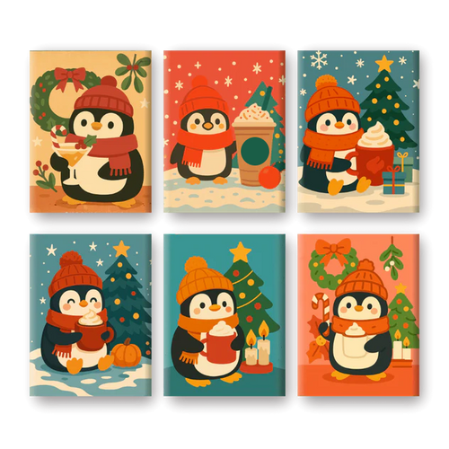 "Christmas Penguins" – Paint by Numbers Set of 6 Mini Canvases - the 6 mini canvases