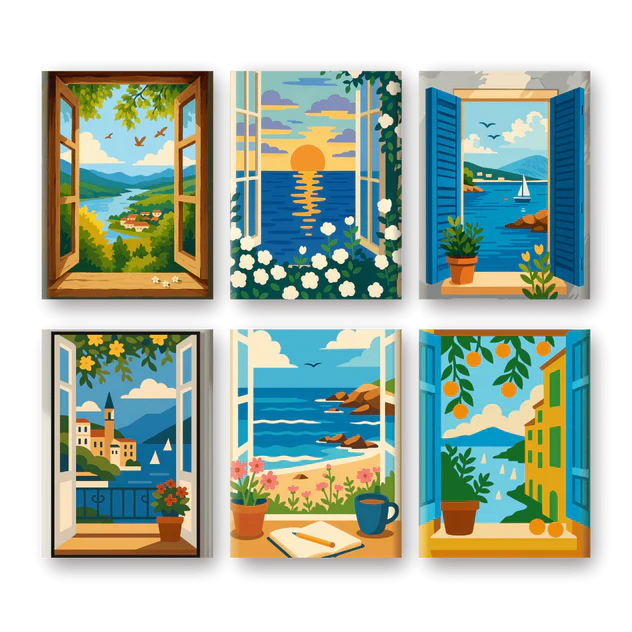 "Seaside Windows" – Paint by Numbers Set of 6 Mini Canvases