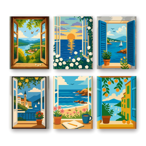 "Seaside Windows" – Paint by Numbers Set of 6 Mini Canvases