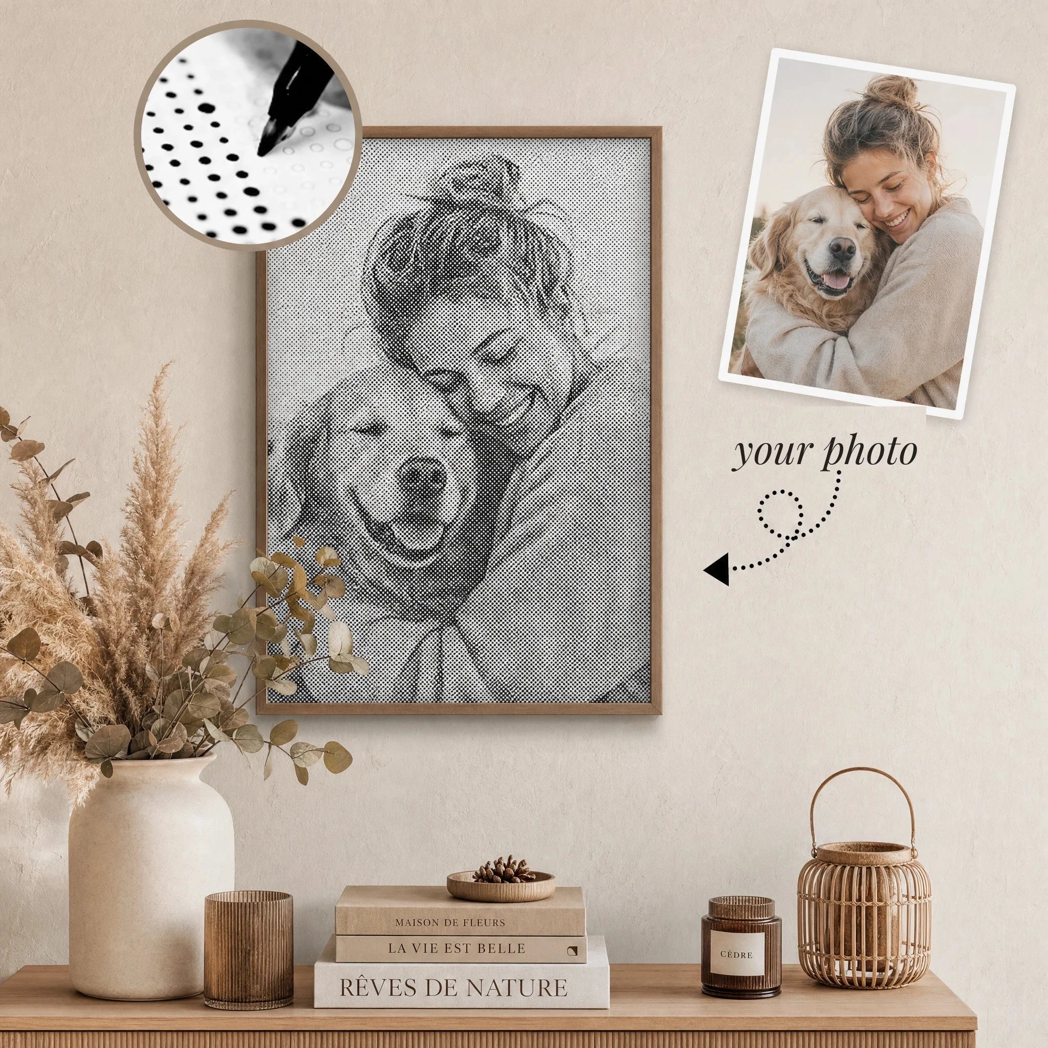 Custom dot painting hero — your photo turned into dot art