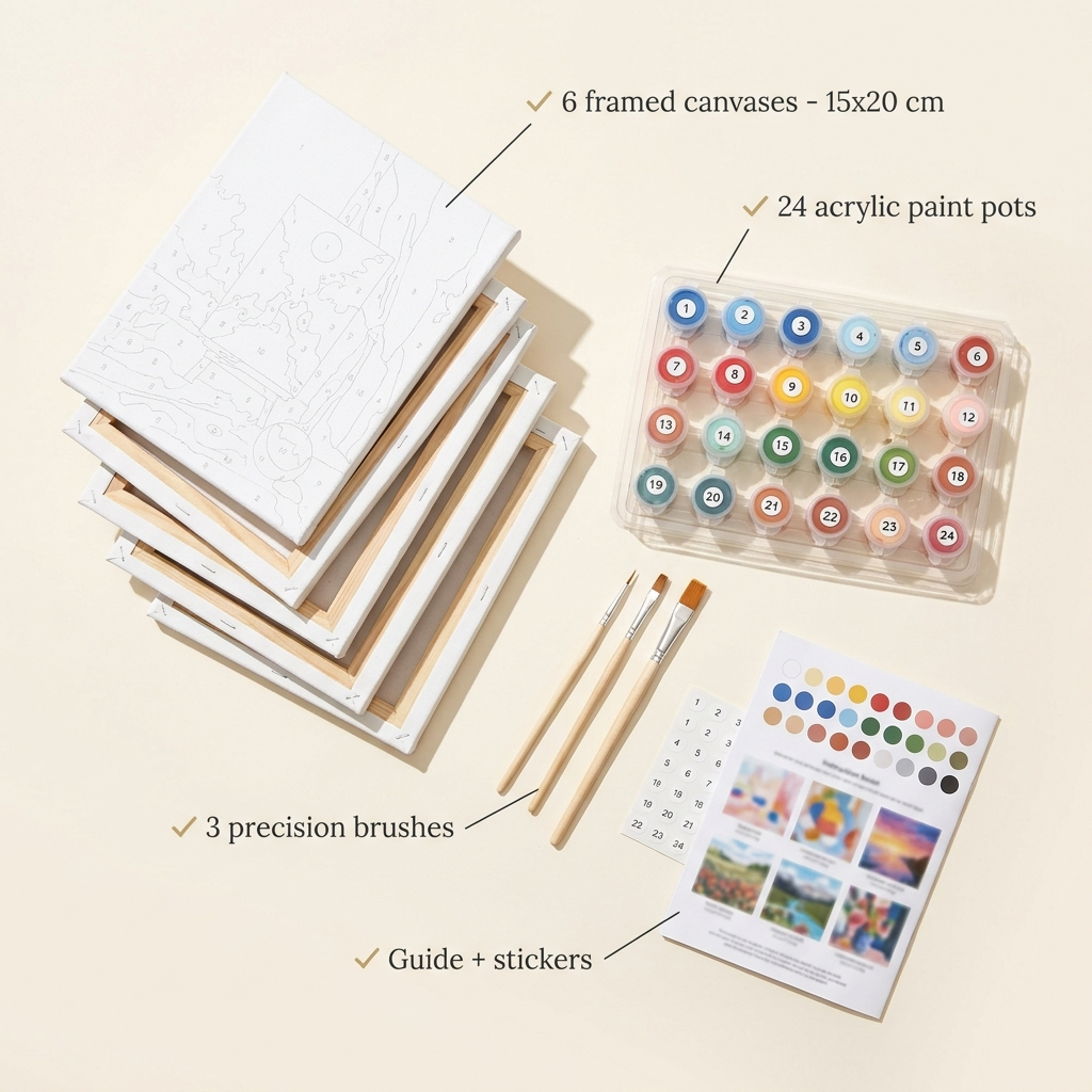 What's inside: 6 framed canvases, 24 paint pots, 3 brushes