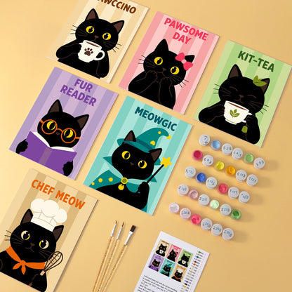 Black Cat Cafe wooden paint by numbers set of 6 mini boards