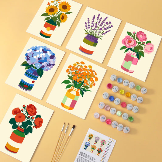 Flower Jars wooden paint by numbers set of 6 mini boards