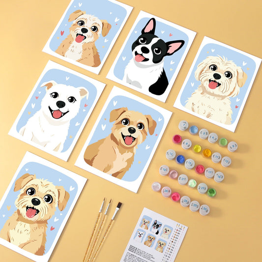 Puppy Love wooden paint by numbers — six finished mini boards