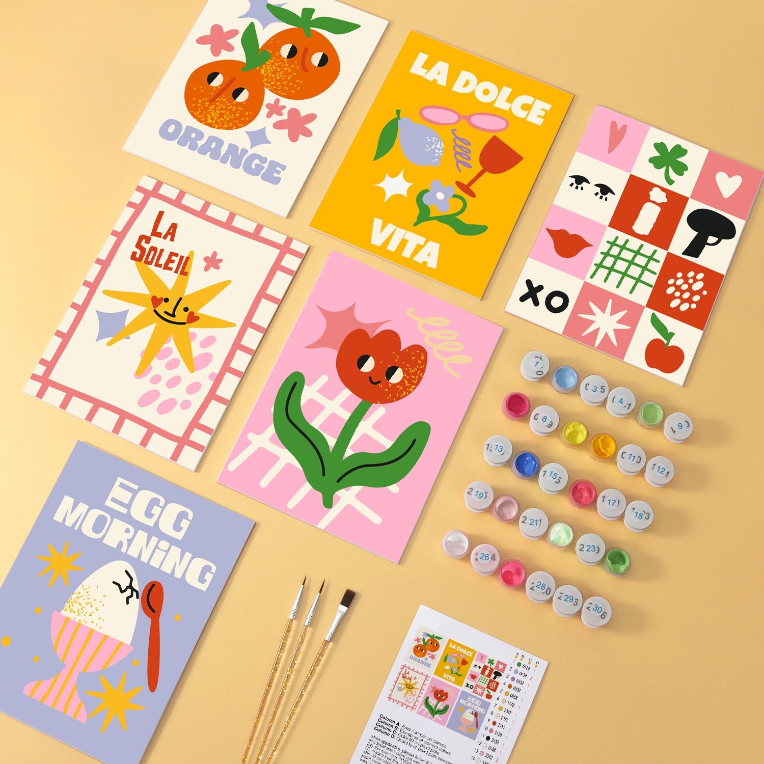 Retro Sunshine wooden paint by numbers set of 6 mini boards