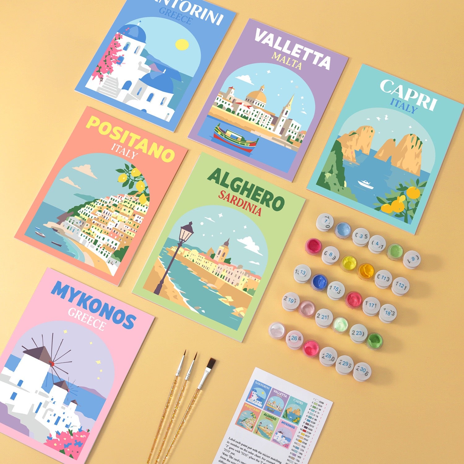 Riviera Postcards wooden paint by numbers set of 6 mini boards