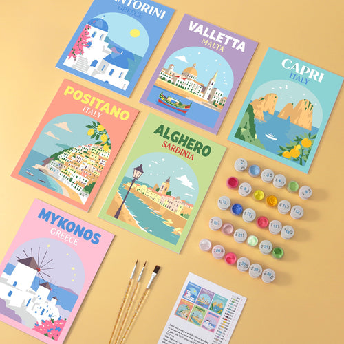 Riviera Postcards wooden paint by numbers set of 6 mini boards