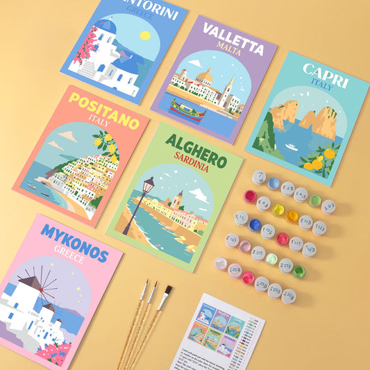 Riviera Postcards wooden paint by numbers set of 6 mini boards