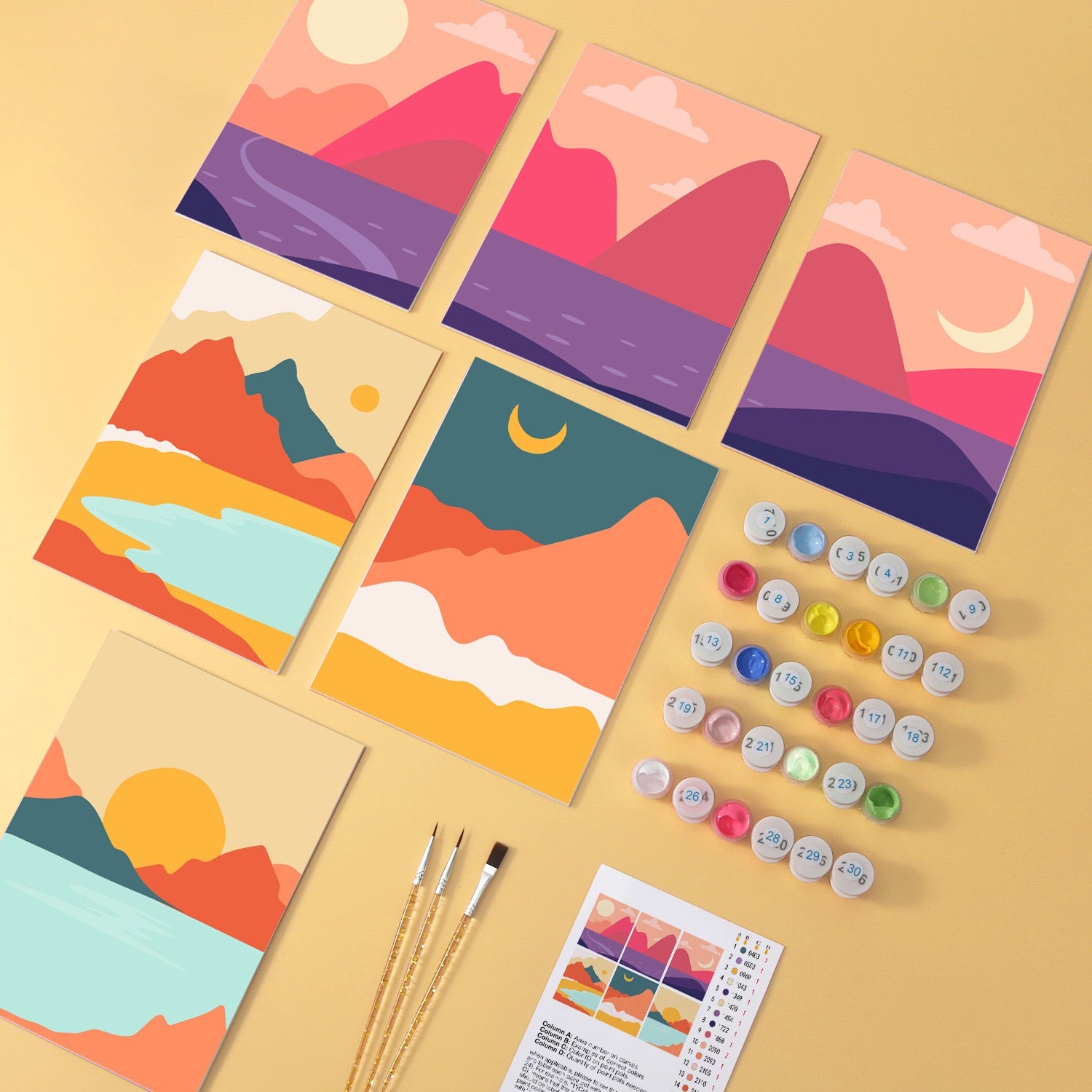 Sunset Peaks wooden paint by numbers set of 6 mini boards
