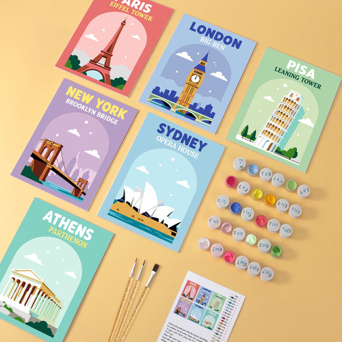 World Wonders wooden paint by numbers set of 6 mini boards